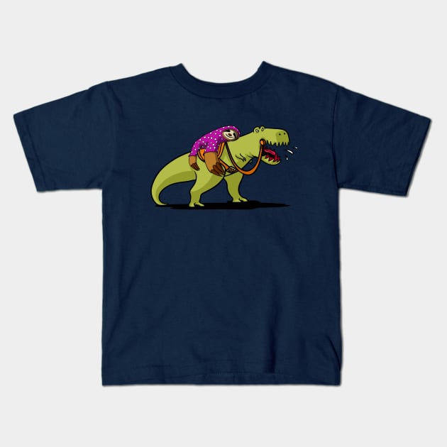 Lazy Sloth Riding T-Rex Dinosaur Kids T-Shirt by underheaven